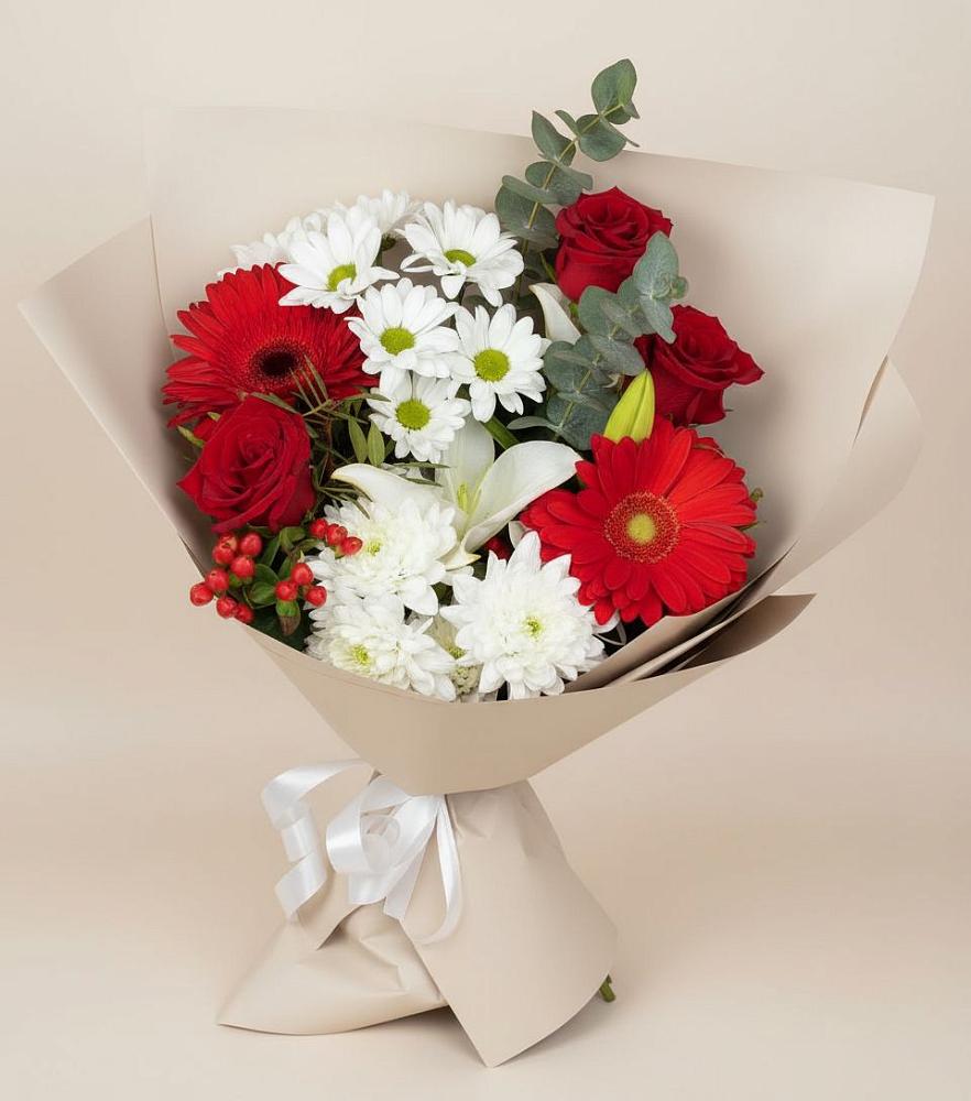 Букет цветов из: Розы, Хризантемы, Герберы и Лилии в Черемушки