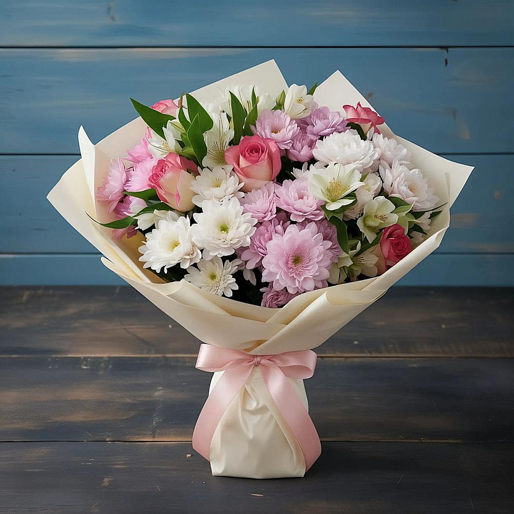 Букет цветов из: Хризантемы, Альстромерии и Розы в Черемушки